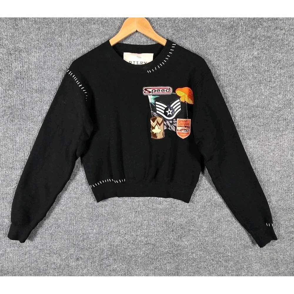Riley‎ Vintage All Patched Up Cropped Sweatshirt Womens XS Black Patchwork USA
